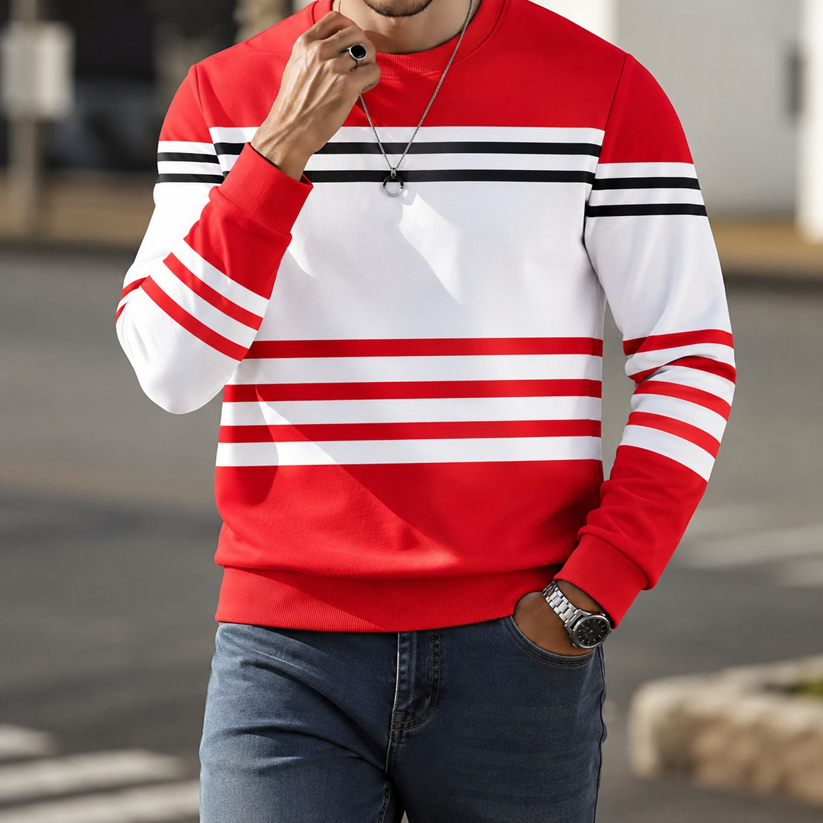 Moletom Aldemar™ com Listras Contrastantes, Gola Redonda e Punhos Canelados / Contrastes Que Trazem Personalidade ao Visual Masculino