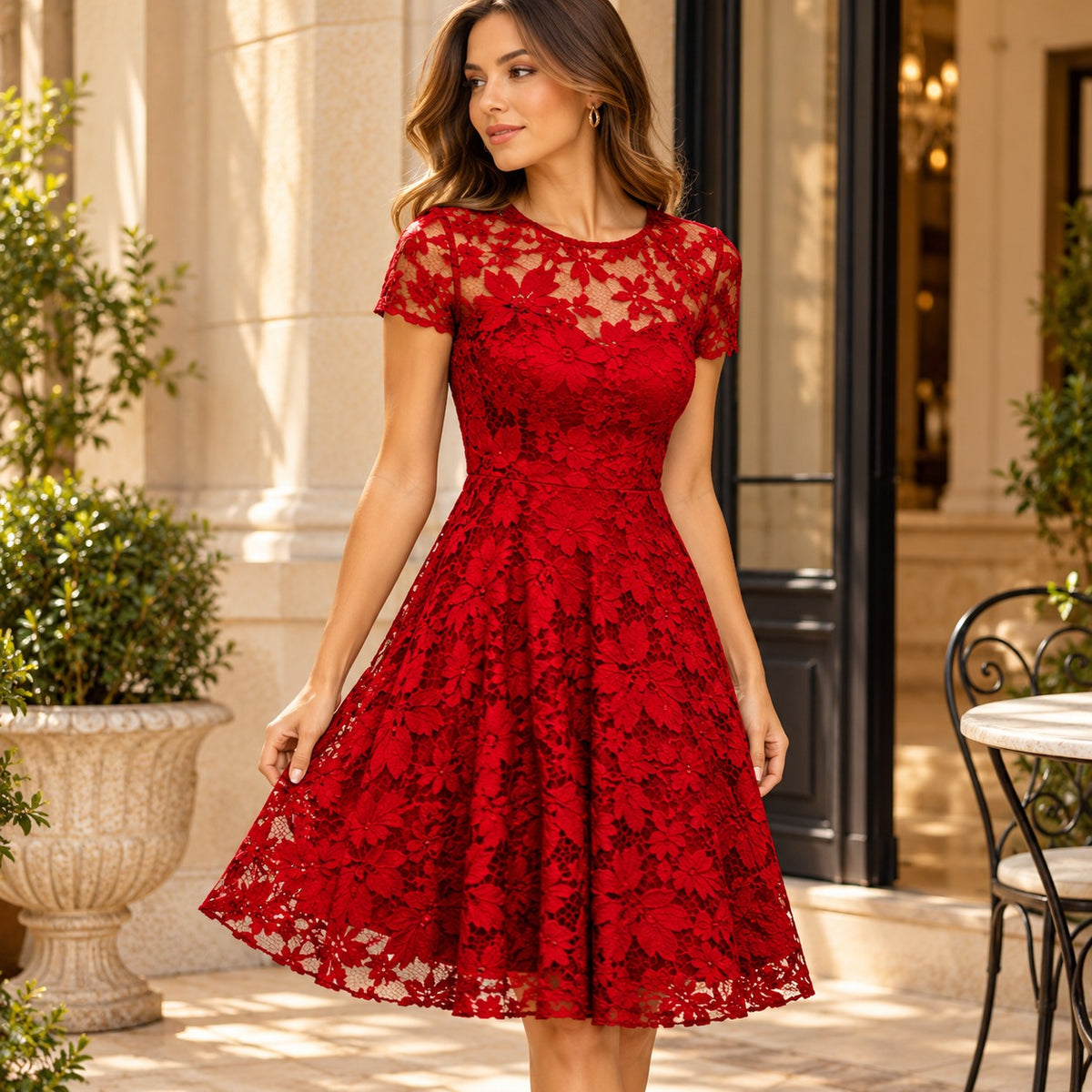 Vestido Lisavena™ com Renda Floral Vazada, Cintura Marcada e Saia Levemente Evasê / Um Toque Romântico Para Uma Presença Sofisticada