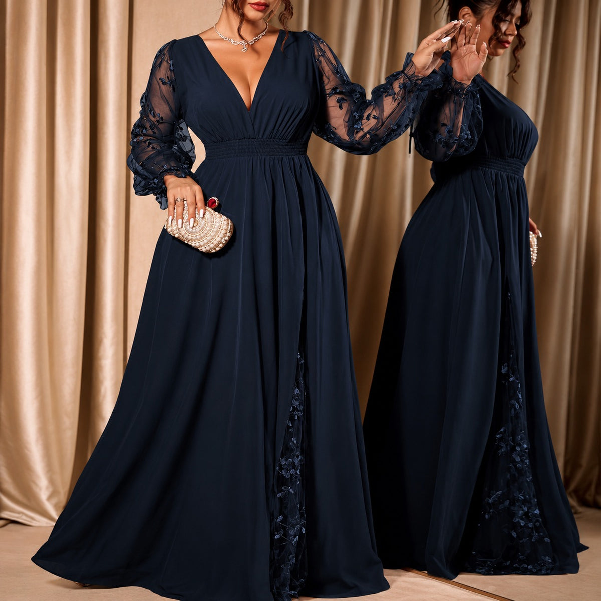Vestido Giselle™ Evasê com Fenda Lateral e Mangas em Tule Transparente Floral