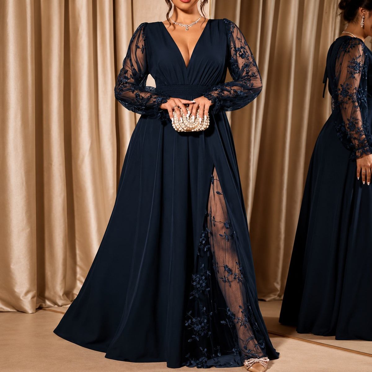 Vestido Giselle™ Evasê com Fenda Lateral e Mangas em Tule Transparente Floral
