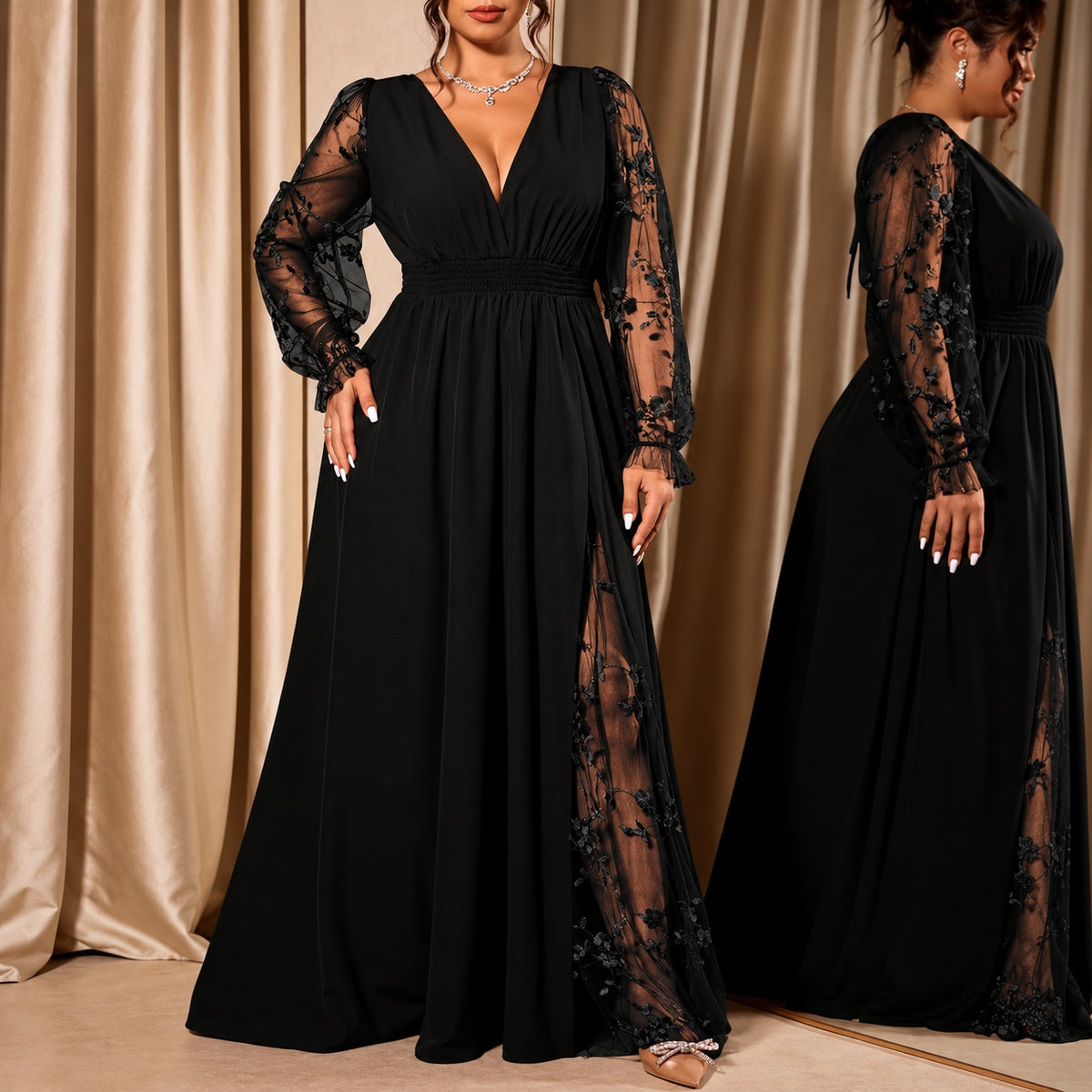 Vestido Giselle™ Evasê com Fenda Lateral e Mangas em Tule Transparente Floral