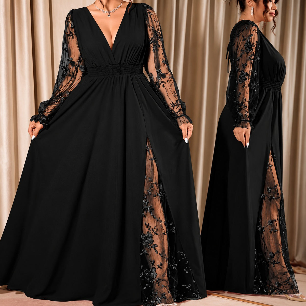 Vestido Giselle™ Evasê com Fenda Lateral e Mangas em Tule Transparente Floral