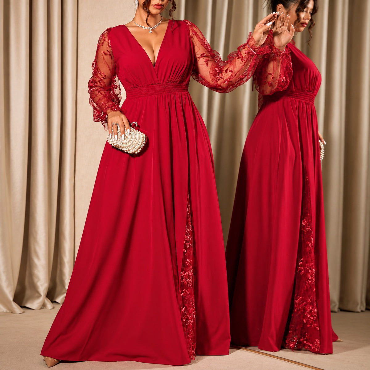 Vestido Giselle™ Evasê com Fenda Lateral e Mangas em Tule Transparente Floral