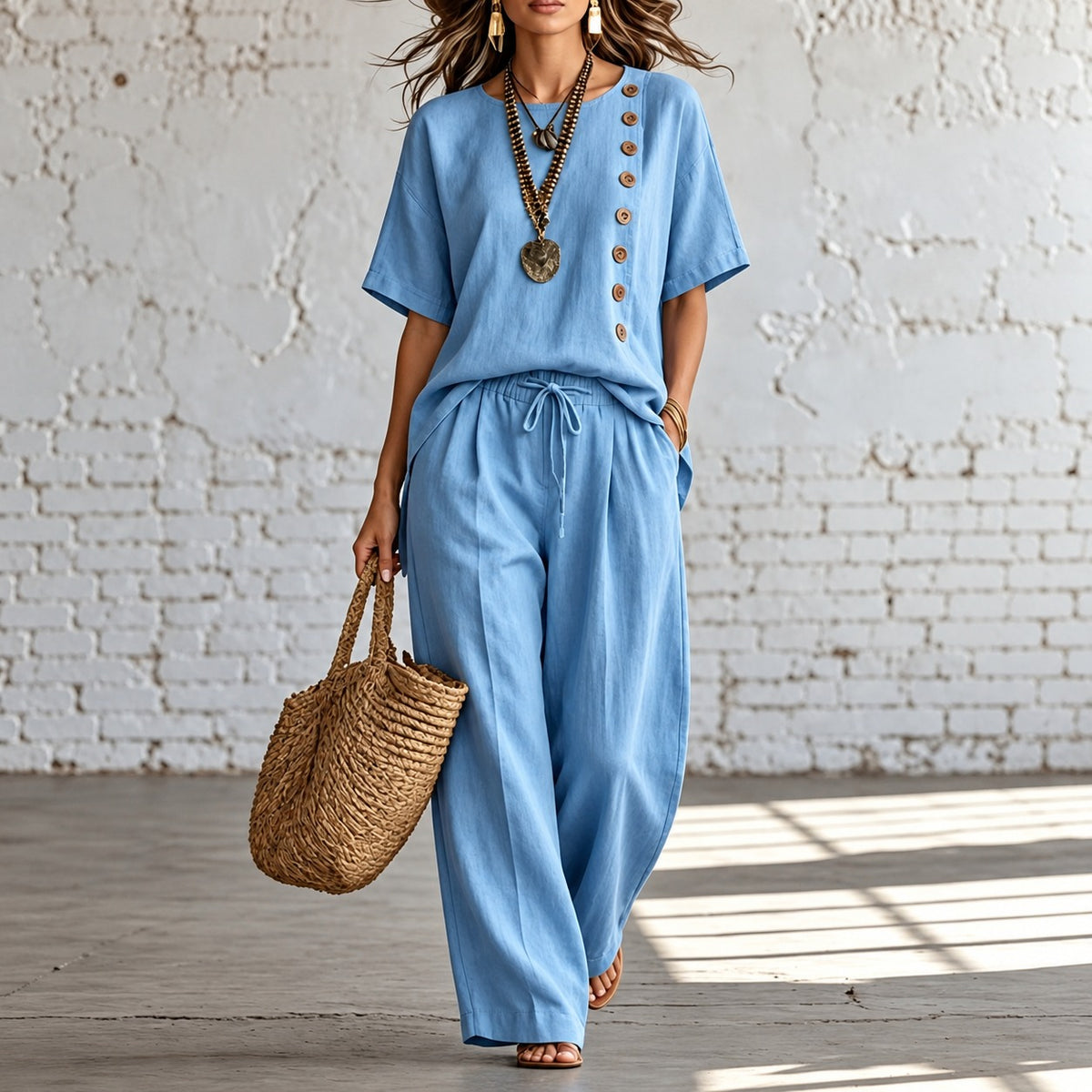 Conjunto Varese™ com Blusa de Botões Decorativos e Calça Pantalona / Conforto e Liberdade Para Acompanhar Sua Rotina