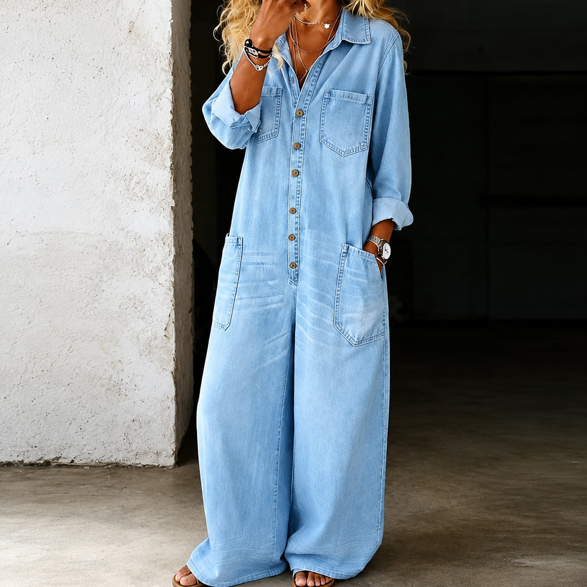 Macacão Valença™ Jeans com Modelagem Ampla e Fechamento por Botões / Um Estilo Descontraído com Visual Urbano