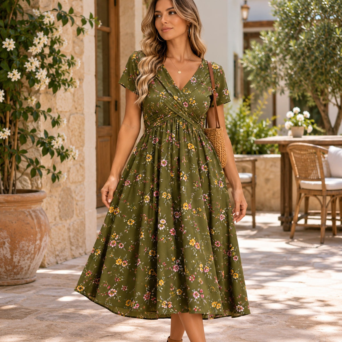 Vestido Florisa™ com Estampa Floral, Decote em V Transpassado e Cintura Marcada / O Romantismo das Flores em Uma Silhueta Feminina