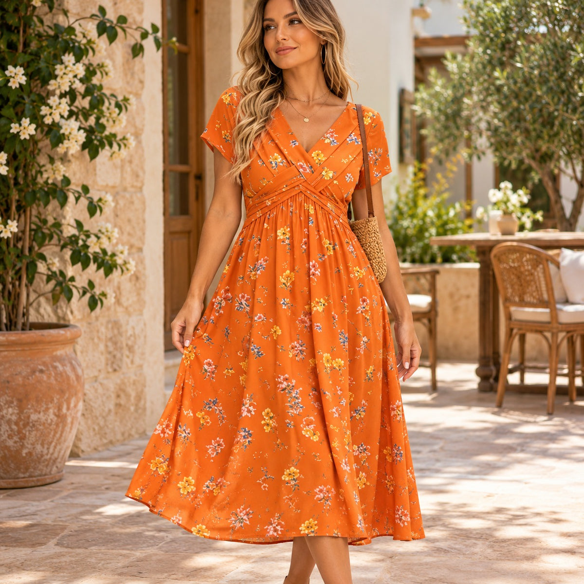 Vestido Florisa™ com Estampa Floral, Decote em V Transpassado e Cintura Marcada / O Romantismo das Flores em Uma Silhueta Feminina