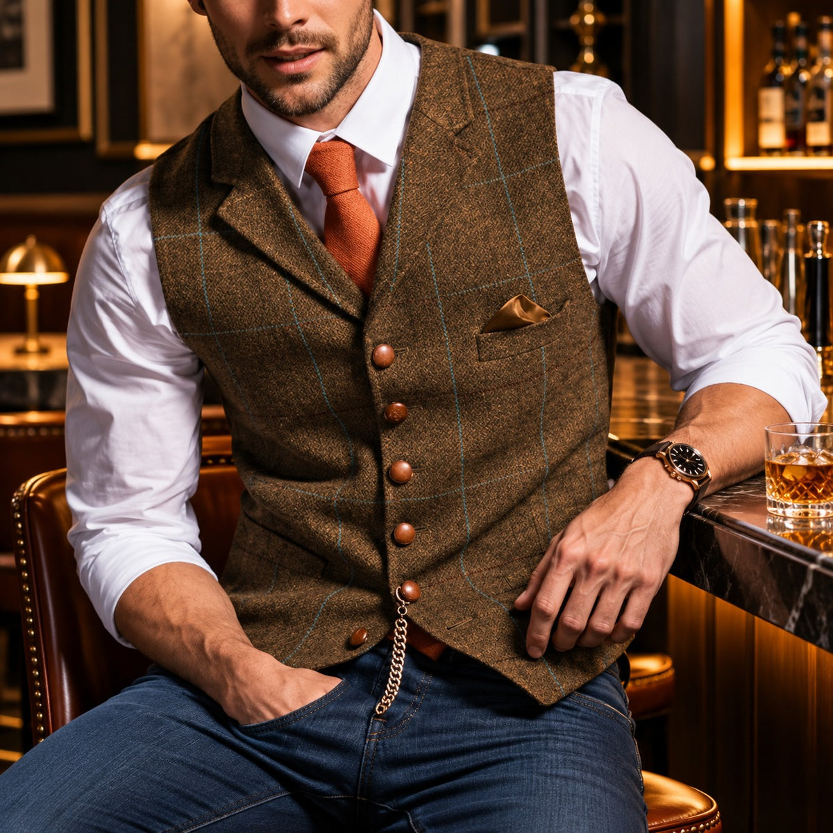 Colete Brenford™ com Estampa Xadrez, Lapelas Clássicas e Botões Acobreados / A Elegância da Alfaiataria Clássica com Uma Presença Masculina Marcante
