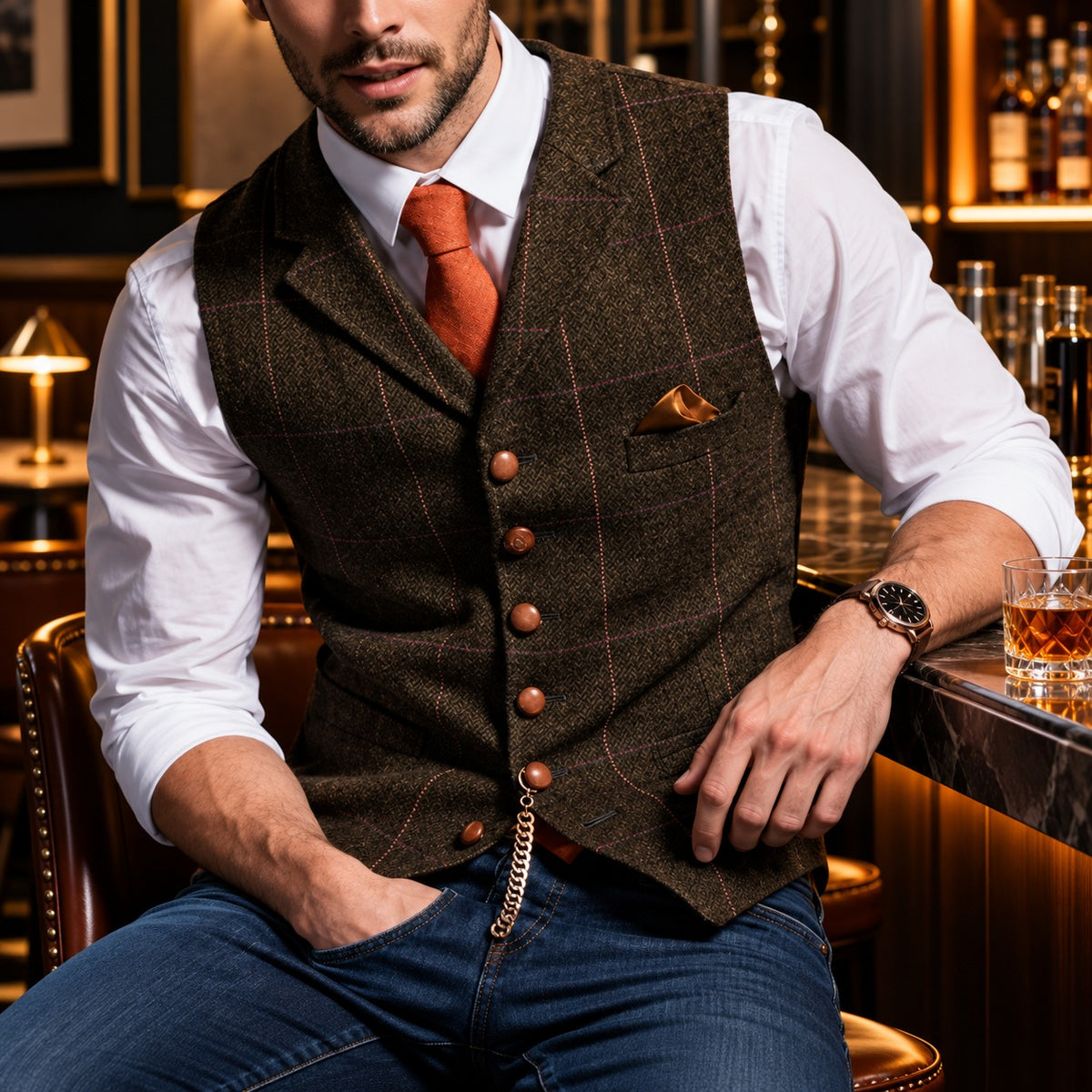 Colete Brenford™ com Estampa Xadrez, Lapelas Clássicas e Botões Acobreados / A Elegância da Alfaiataria Clássica com Uma Presença Masculina Marcante