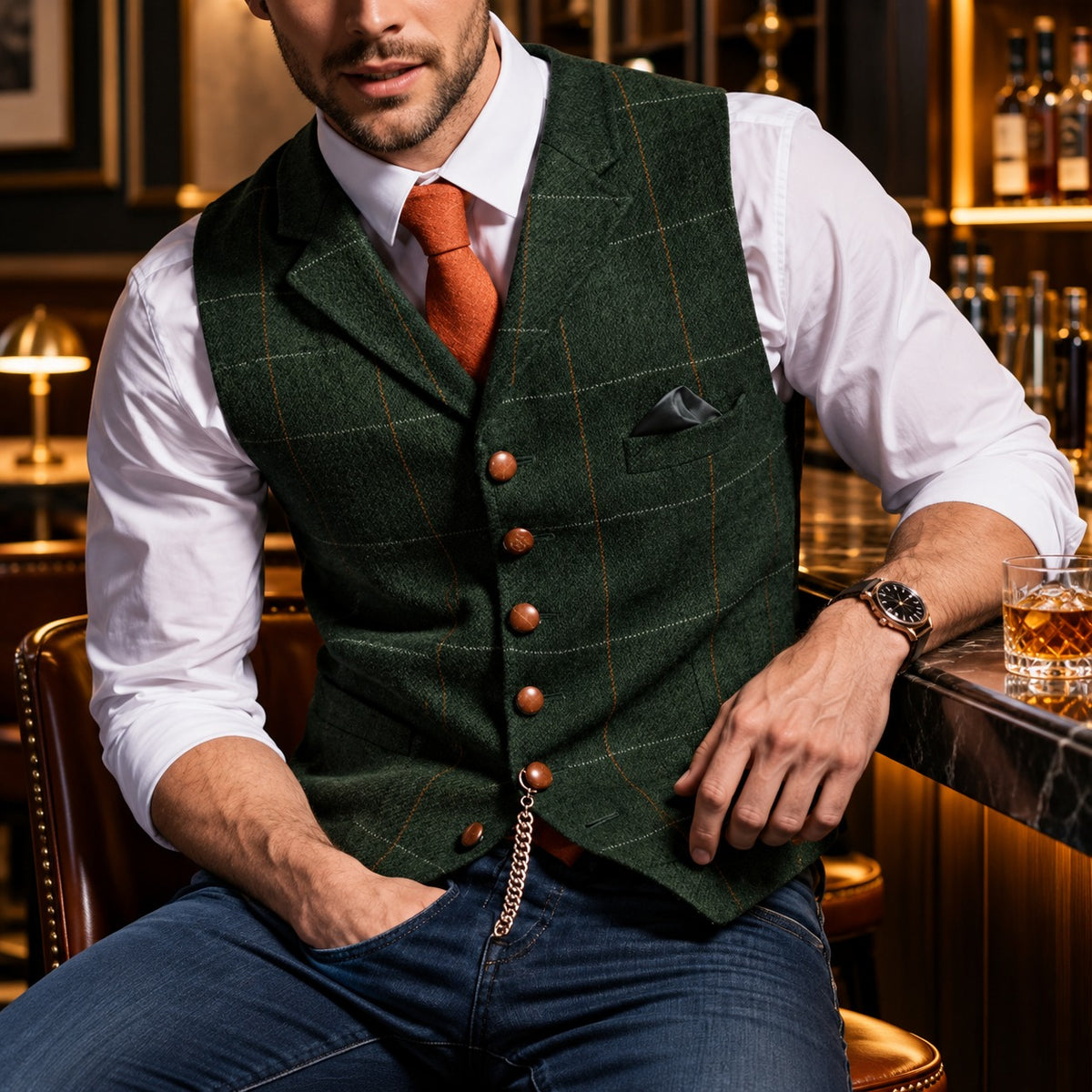 Colete Brenford™ com Estampa Xadrez, Lapelas Clássicas e Botões Acobreados / A Elegância da Alfaiataria Clássica com Uma Presença Masculina Marcante