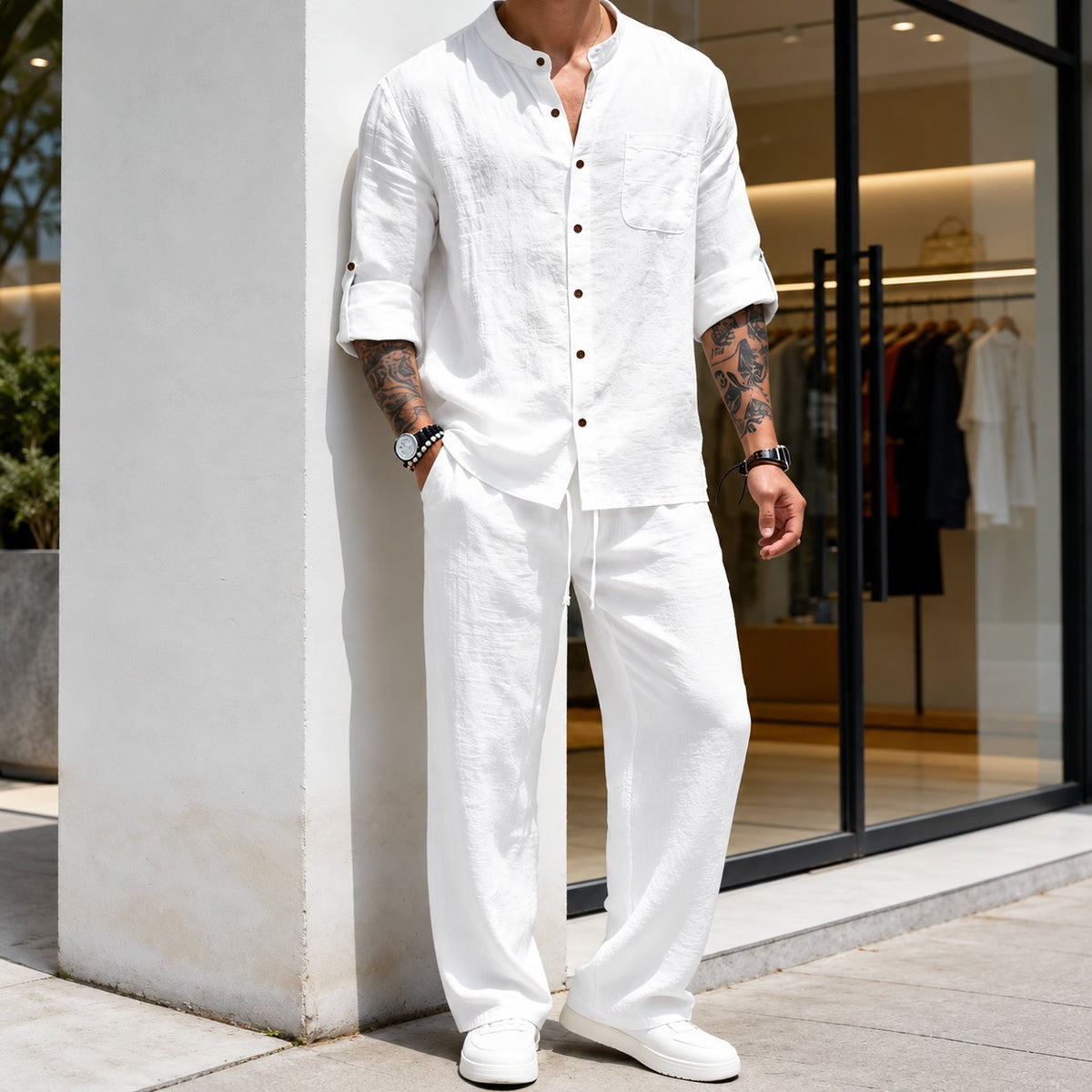 Conjunto Thomas™ em Linho de Algodão com Camisa de Botões Frontais e Calça com Cordão