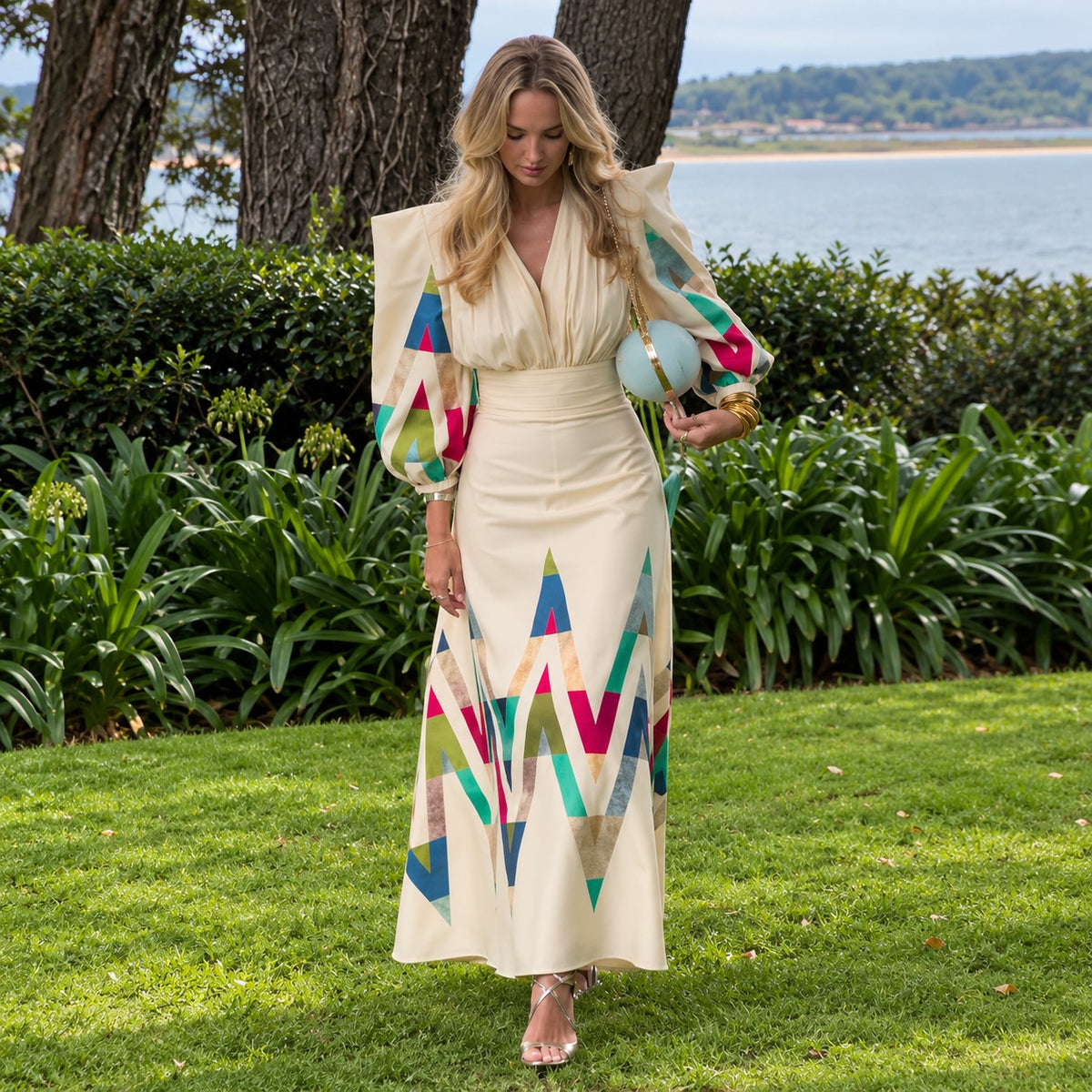 Conjunto Marcela™ com Blusa de Ombros Estruturados e Saia Longa com Estampa Geométrica Colorida