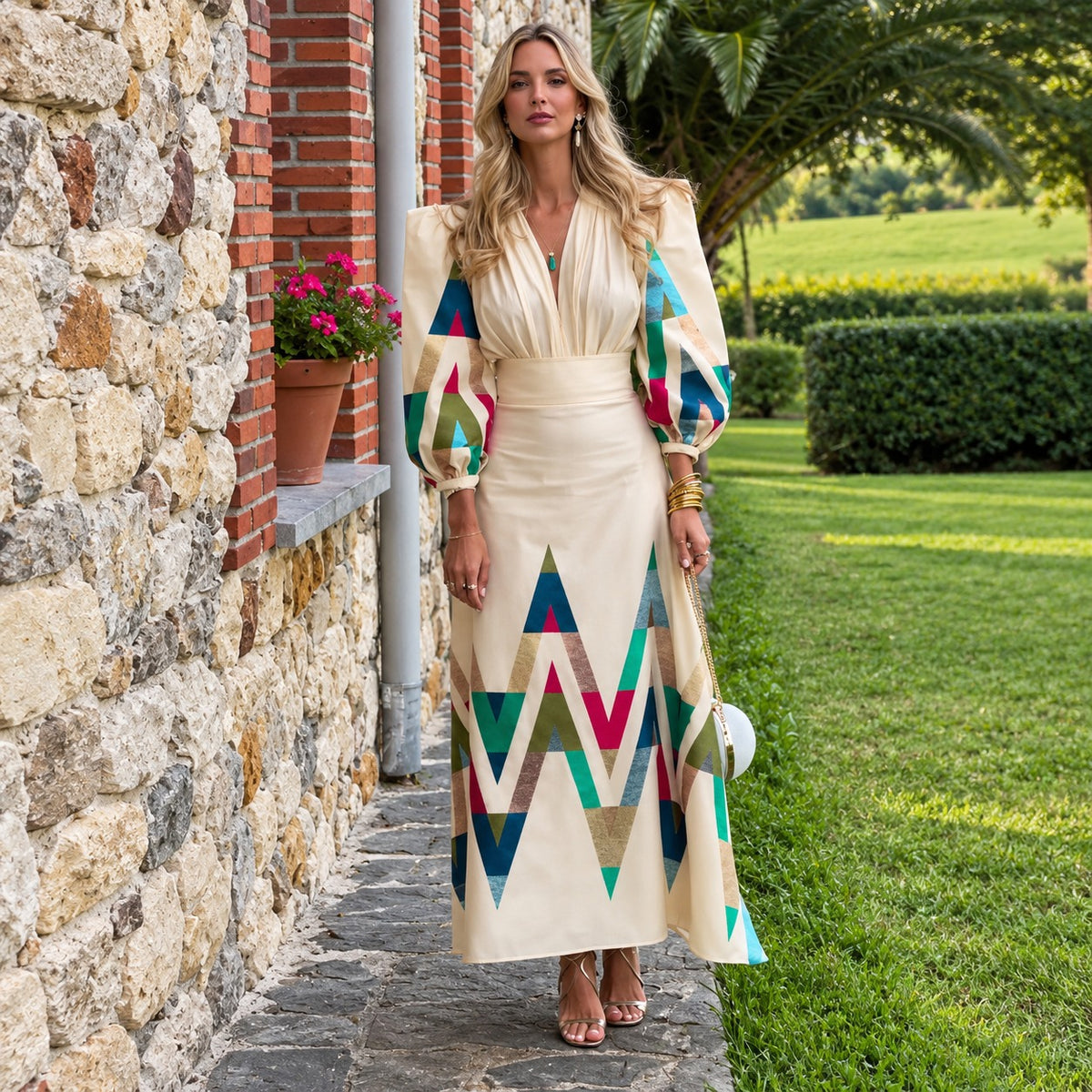 Conjunto Marcela™ com Blusa de Ombros Estruturados e Saia Longa com Estampa Geométrica Colorida