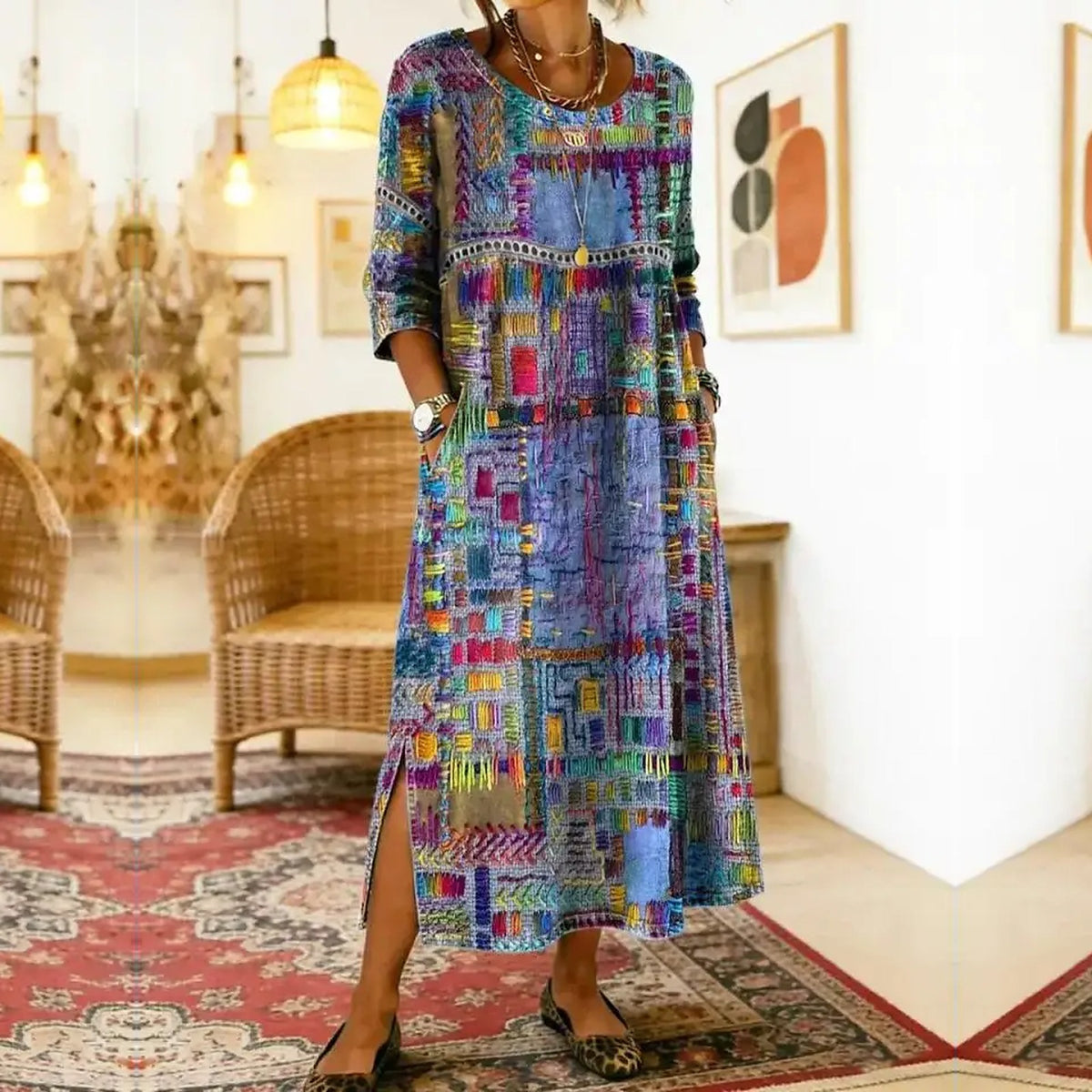 Vestido Carmen™ com Estampa de Mosaico Colorido e Modelagem Soltinha