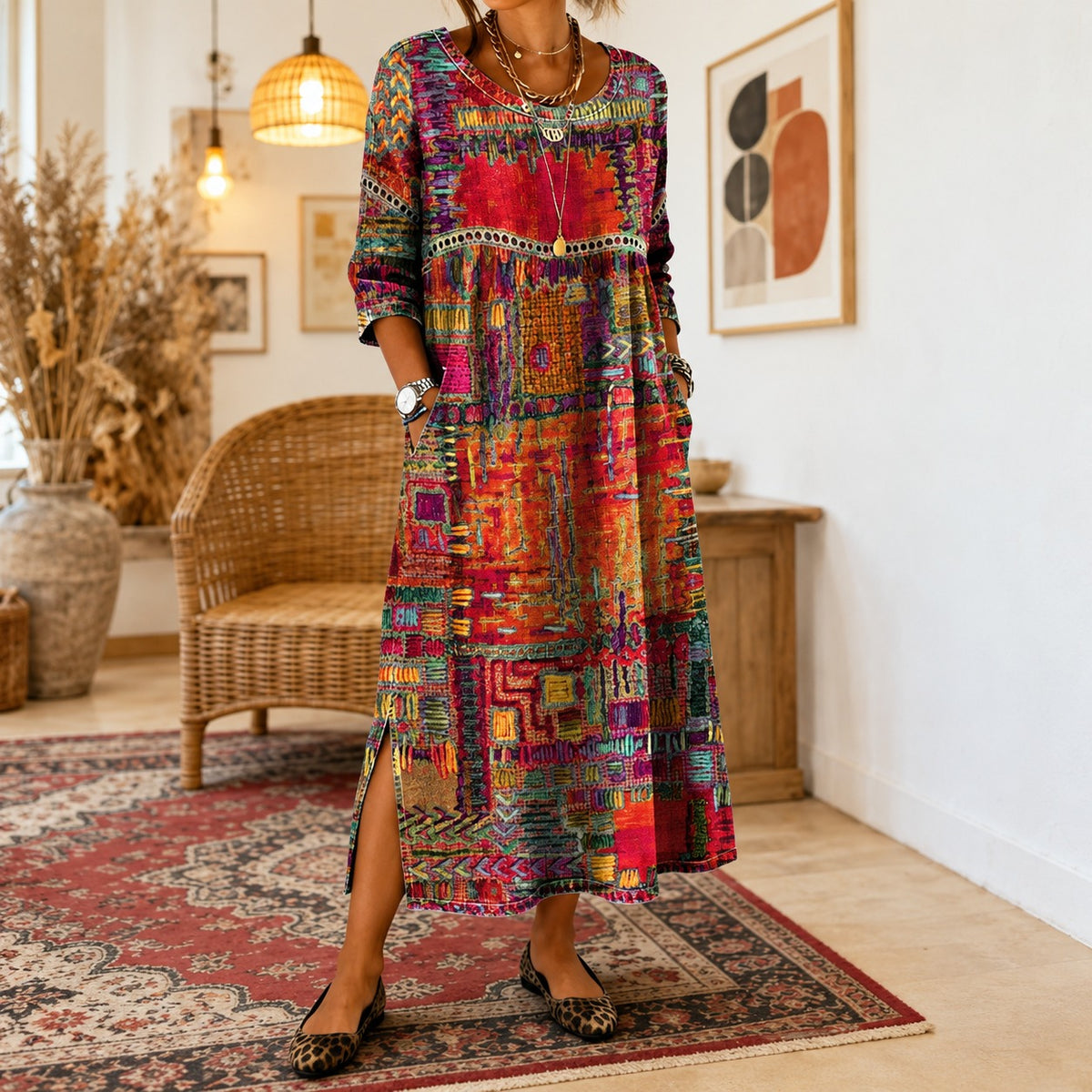 Vestido Carmen™ com Estampa de Mosaico Colorido e Modelagem Soltinha