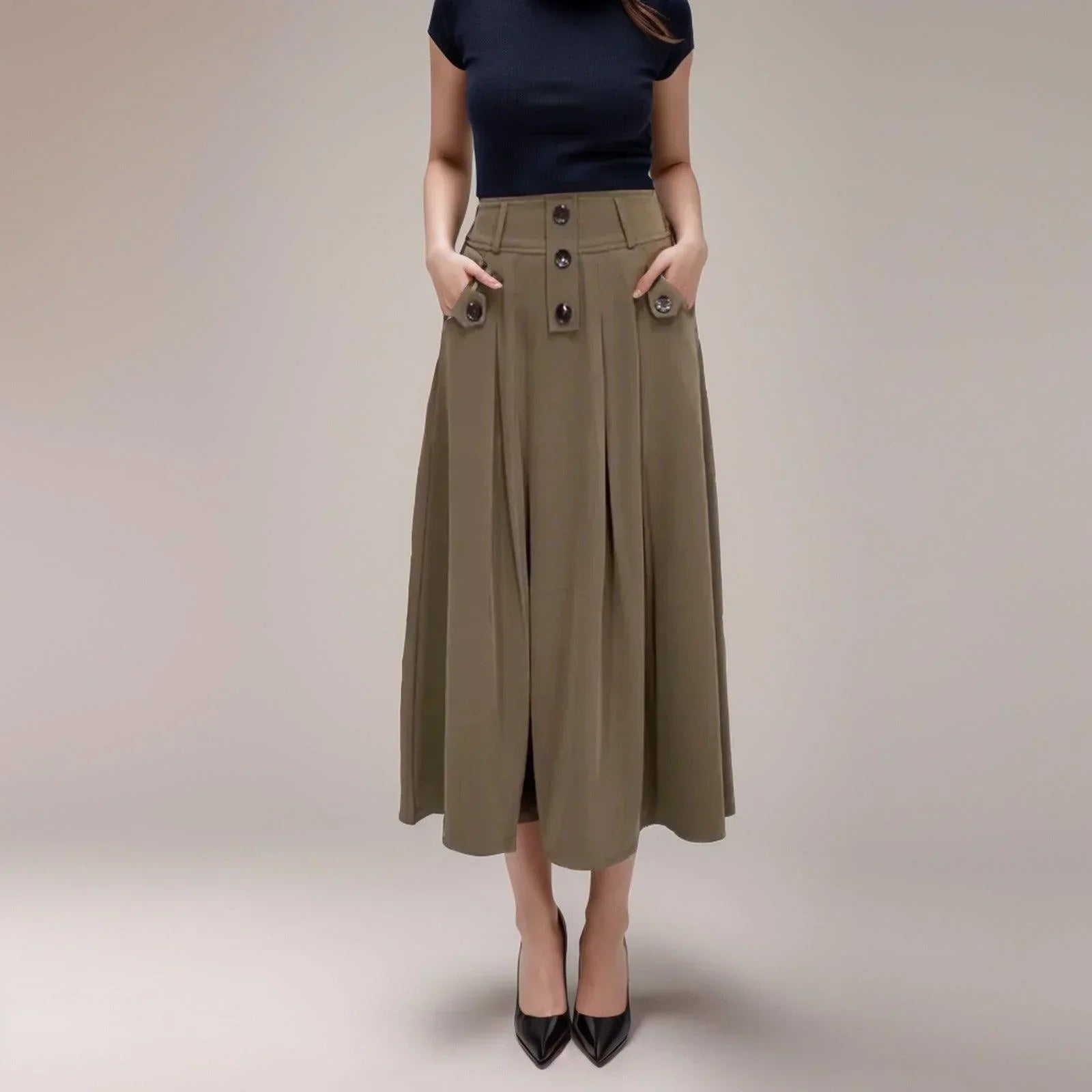 Saia Midi Eleganza™ com Botões Frontais e Cintura Alta / A Essência da Sofisticação e do Conforto em Cada Movimento!