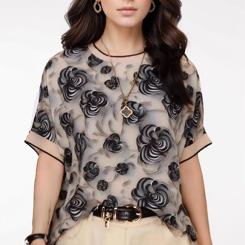 Blusa Gardenia Luxe™ em Chiffon Acetinado / Inovação em Estampas 3D para um Estilo Sofisticado e Confortável