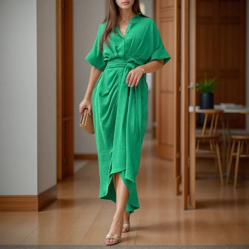 Vestido Cartagena™ em Popelina de Algodão com Amarração Suave e Gola Elegante / O Vestido Atemporal que Toda Mulher Deseja!