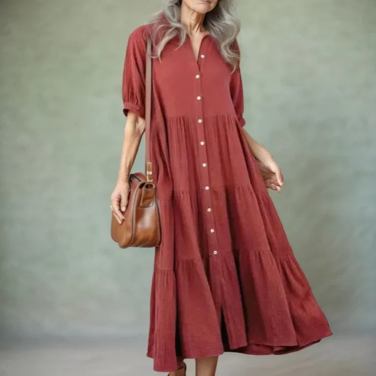 Vestido Campestre™ em Viscolinho com Babados e Botões Frontais / Leveza e Elegância para o Seu Dia a Dia