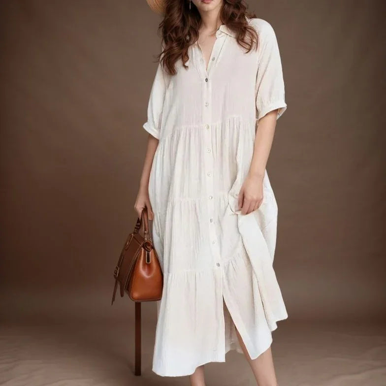 Vestido Campestre™ em Viscolinho com Babados e Botões Frontais / Leveza e Elegância para o Seu Dia a Dia