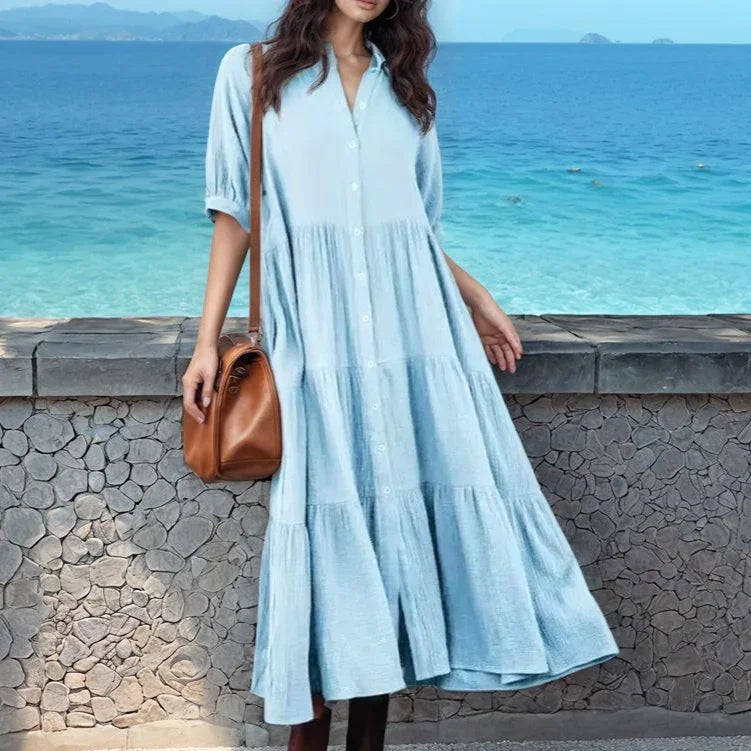 Vestido Campestre™ em Viscolinho com Babados e Botões Frontais / Leveza e Elegância para o Seu Dia a Dia