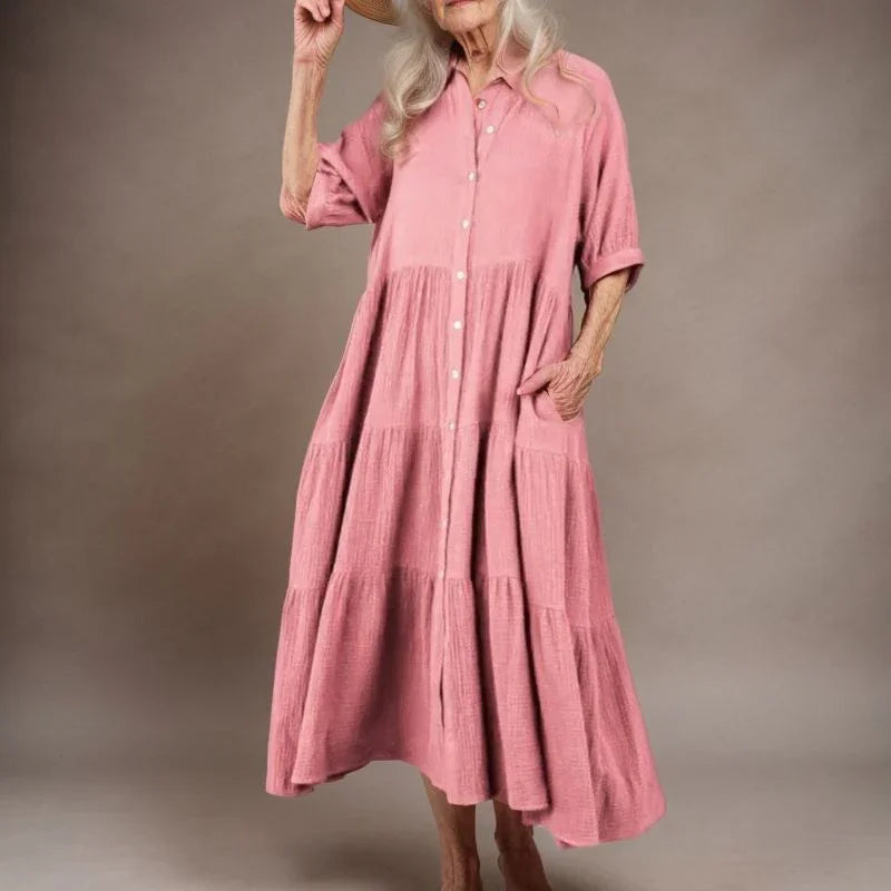 Vestido Campestre™ em Viscolinho com Babados e Botões Frontais / Leveza e Elegância para o Seu Dia a Dia