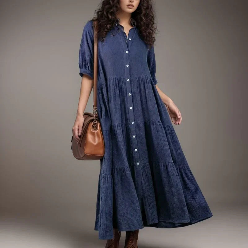 Vestido Campestre™ em Viscolinho com Babados e Botões Frontais / Leveza e Elegância para o Seu Dia a Dia