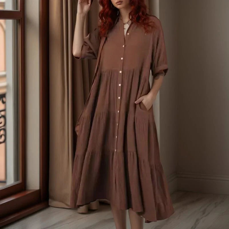 Vestido Campestre™ em Viscolinho com Babados e Botões Frontais / Leveza e Elegância para o Seu Dia a Dia