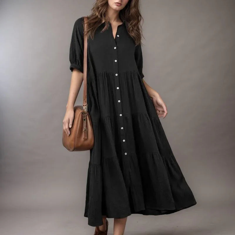 Vestido Campestre™ em Viscolinho com Babados e Botões Frontais / Leveza e Elegância para o Seu Dia a Dia