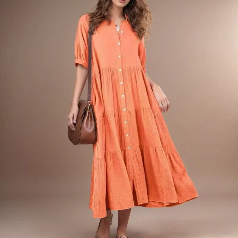 Vestido Campestre™ em Viscolinho com Babados e Botões Frontais / Leveza e Elegância para o Seu Dia a Dia