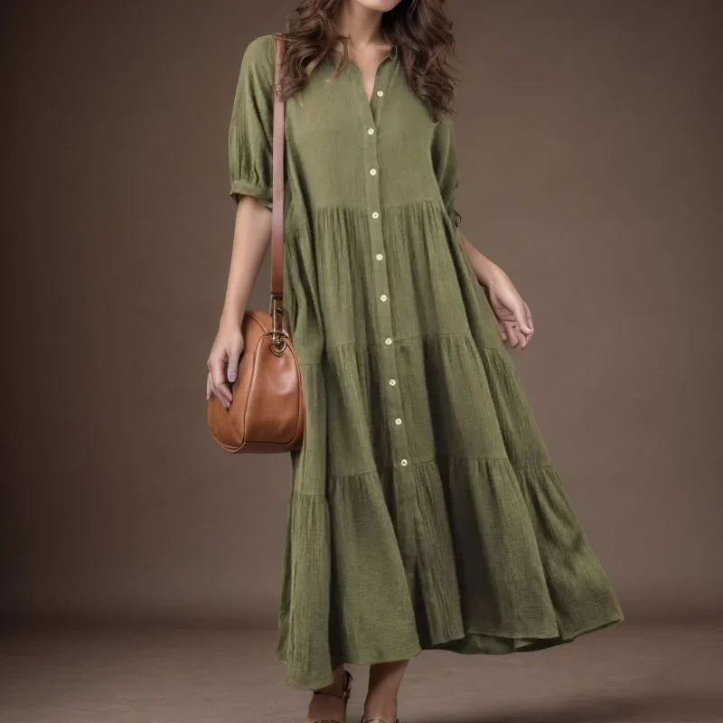 Vestido Campestre™ em Viscolinho com Babados e Botões Frontais / Leveza e Elegância para o Seu Dia a Dia