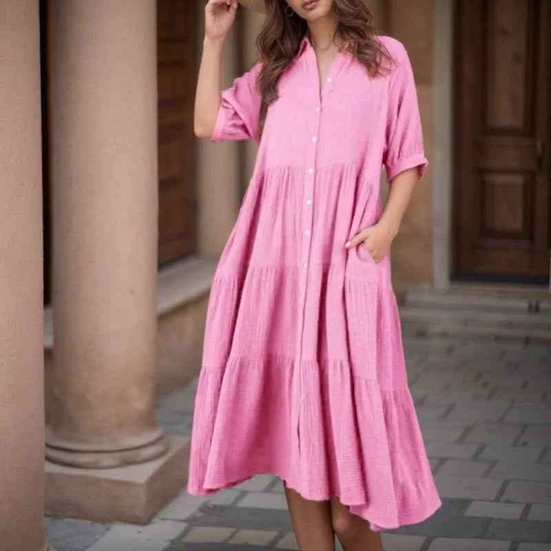 Vestido Campestre™ em Viscolinho com Babados e Botões Frontais / Leveza e Elegância para o Seu Dia a Dia