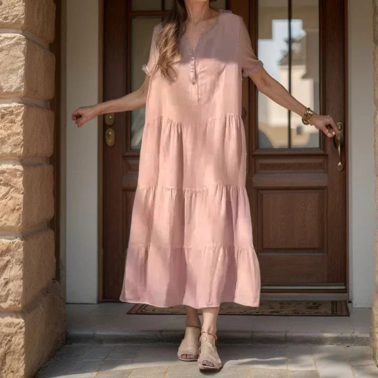 Vestido Princesa™ em Linho de Algodão com Camadas Leves / Charme Atemporal e Sofisticação em Cada Movimento