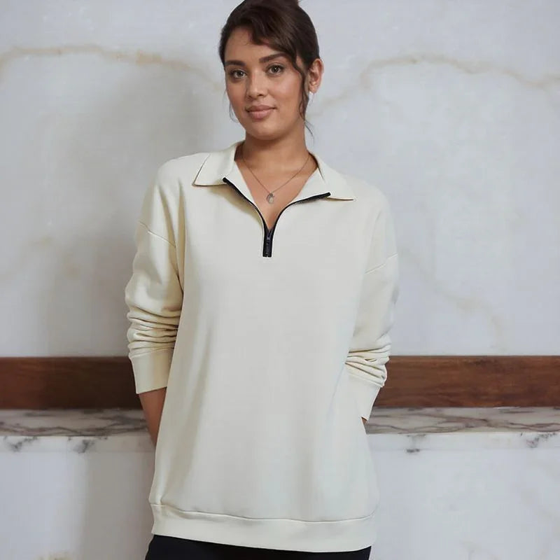 Blusa Olivia™ em Moletom Premium com Gola Alta e Zíper Frontal / A Peça-Coringa que Vai com Tudo!