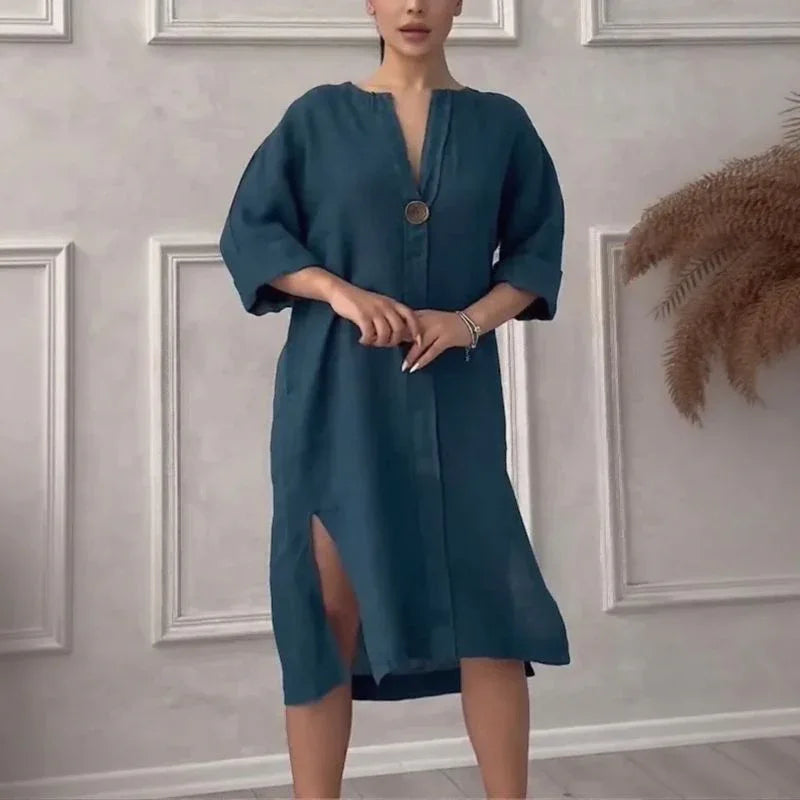 Vestido Copacabana™ em Linho de Algodão com Modelagem Solta / Elegância Tropical com Toque de Sofisticação Carioca!