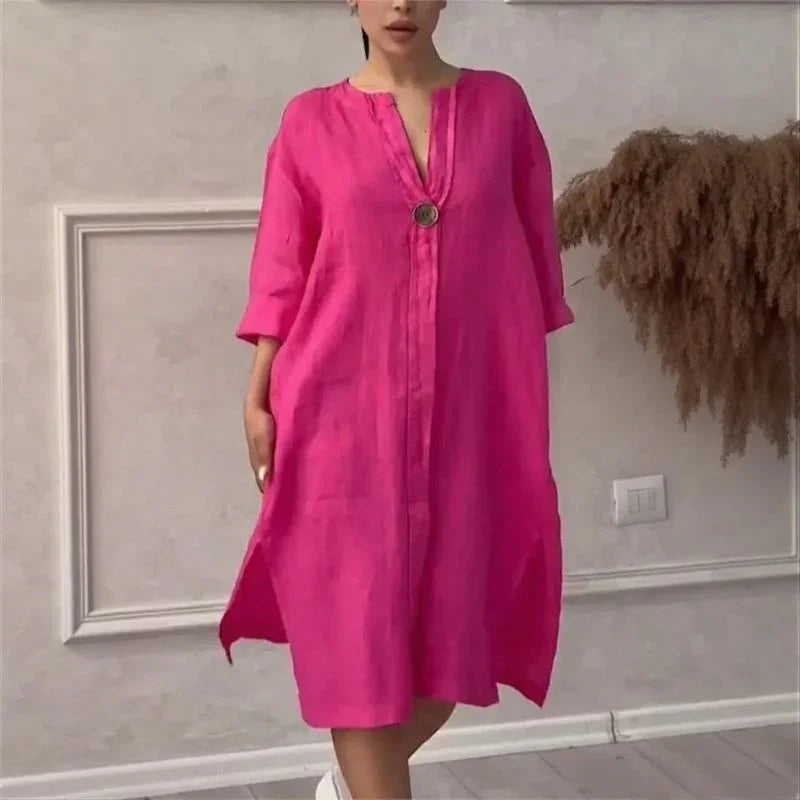 Vestido Copacabana™ em Linho de Algodão com Modelagem Solta / Elegância Tropical com Toque de Sofisticação Carioca!