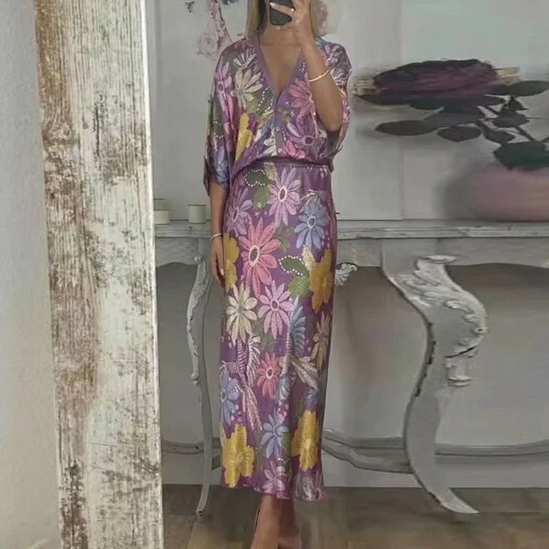 Conjunto Sakura™ em Cetim Premium com Blusa Kimono e Saia Longa Estampada / Feminilidade Sofisticada que Brilha em Qualquer Ocasião!