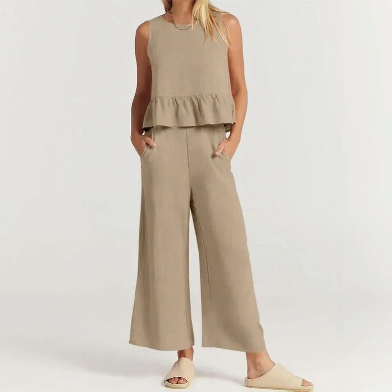 Conjunto Agatha™ Em Linho Misto com Babados / Minimalismo Elegante para Mulheres de Estilo!