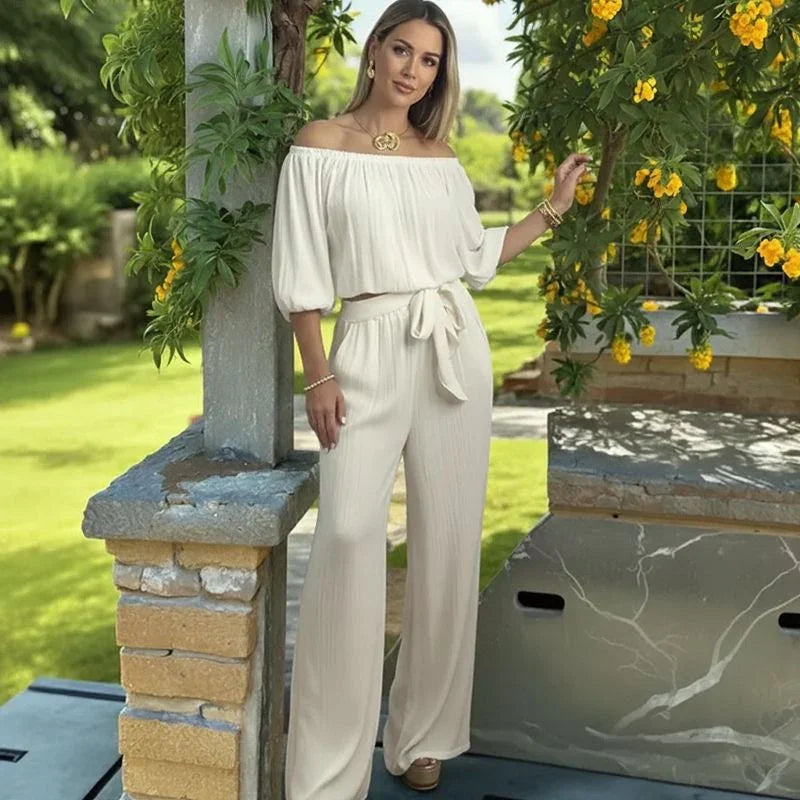 Conjunto Esther™ em Viscose Texturizada com Top Ombro a Ombro e Calça Soltinha / Elegância Descomplicada que Acompanha Seu Ritmo!