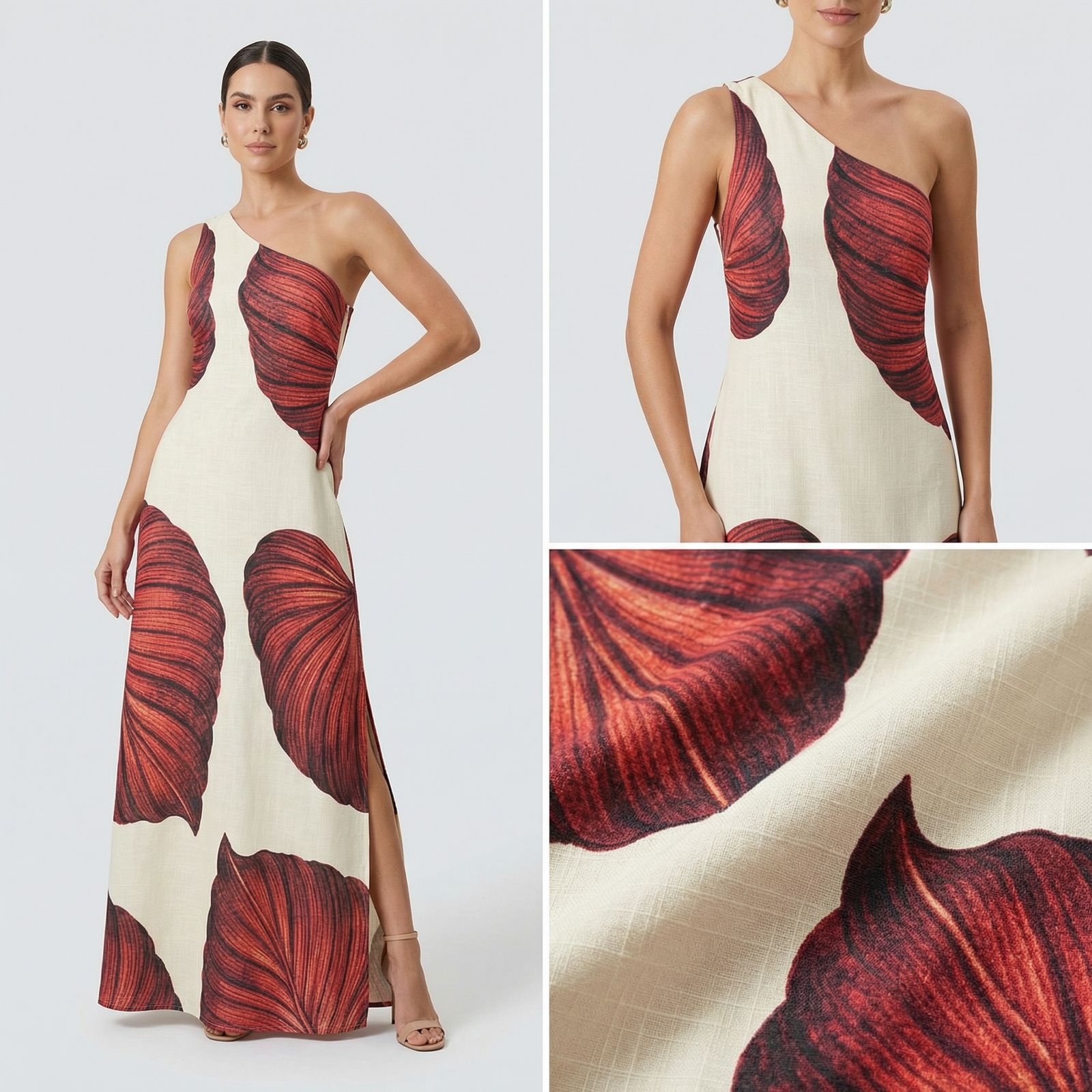 Vestido Longo Yara™ em Viscose Rústica com Fenda Lateral e Decote Assimétrico