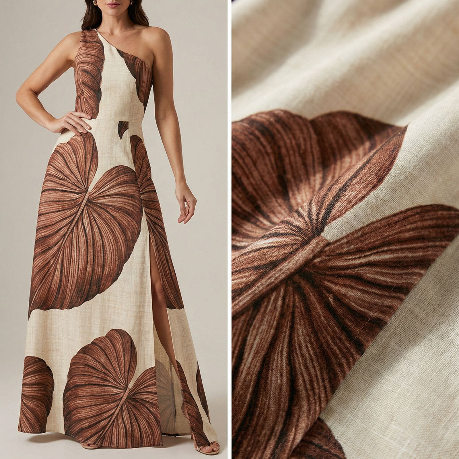 Vestido Longo Yara™ em Viscose Rústica com Fenda Lateral e Decote Assimétrico