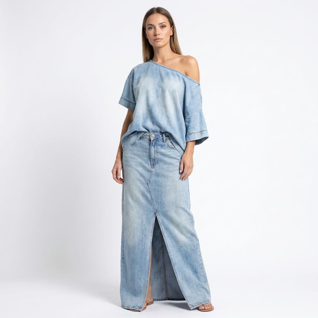 Conjunto Capri Bleu™ com Blusa Assimétrica e Saia em Jeans Leve