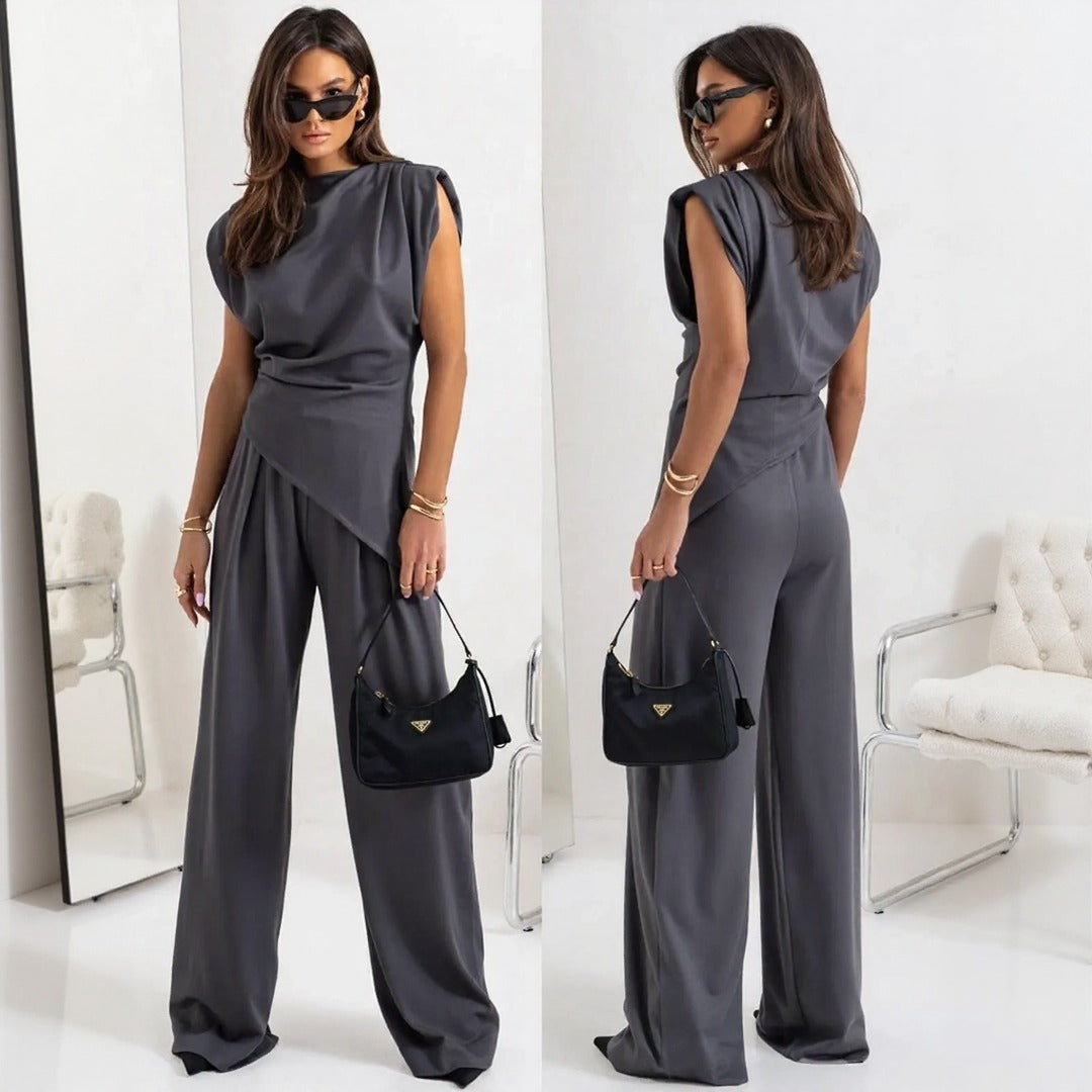 Conjunto Bellanova™ com Blusa de Design Drapeado e Calça Pantalona Elegante