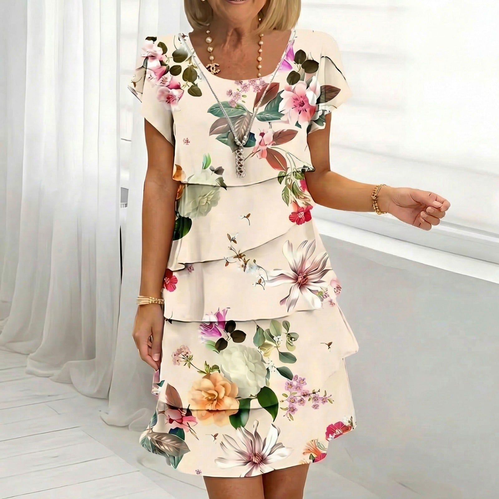 Vestido Floral Cremona™ com Design em Camadas e Mangas Levemente Bufantes