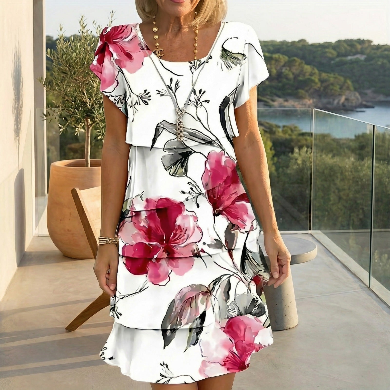 Vestido Floral Cremona™ com Design em Camadas e Mangas Levemente Bufantes