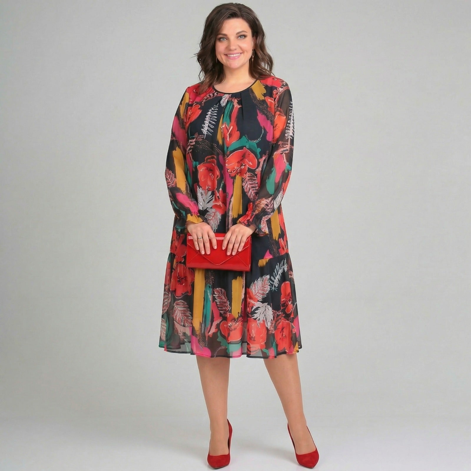 Vestido Gardênia™ com Mangas Fluidas e Estampa Vibrante