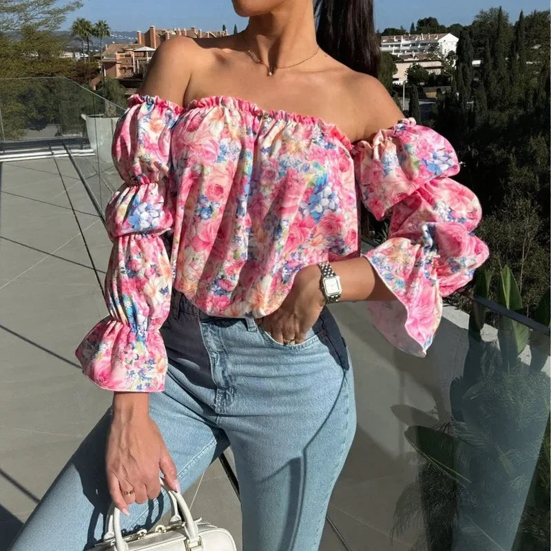 Blusa Florenze™ Ombro a Ombro com Design Floral Elegante