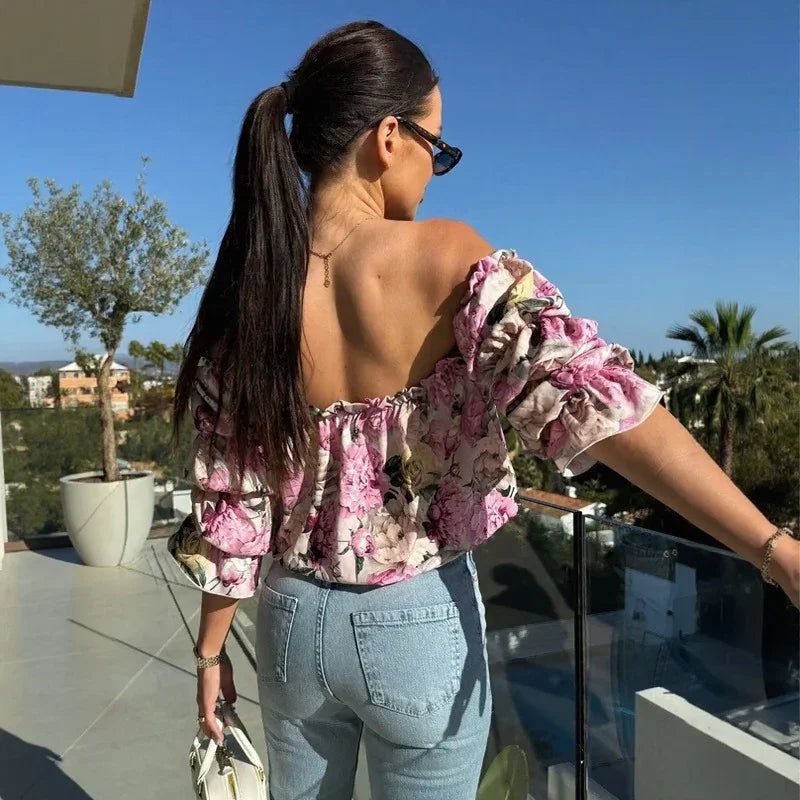 Blusa Florenze™ Ombro a Ombro com Design Floral Elegante