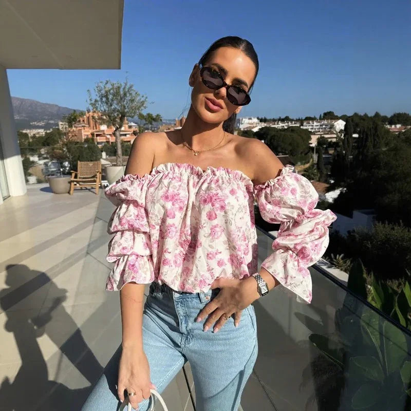 Blusa Florenze™ Ombro a Ombro com Design Floral Elegante