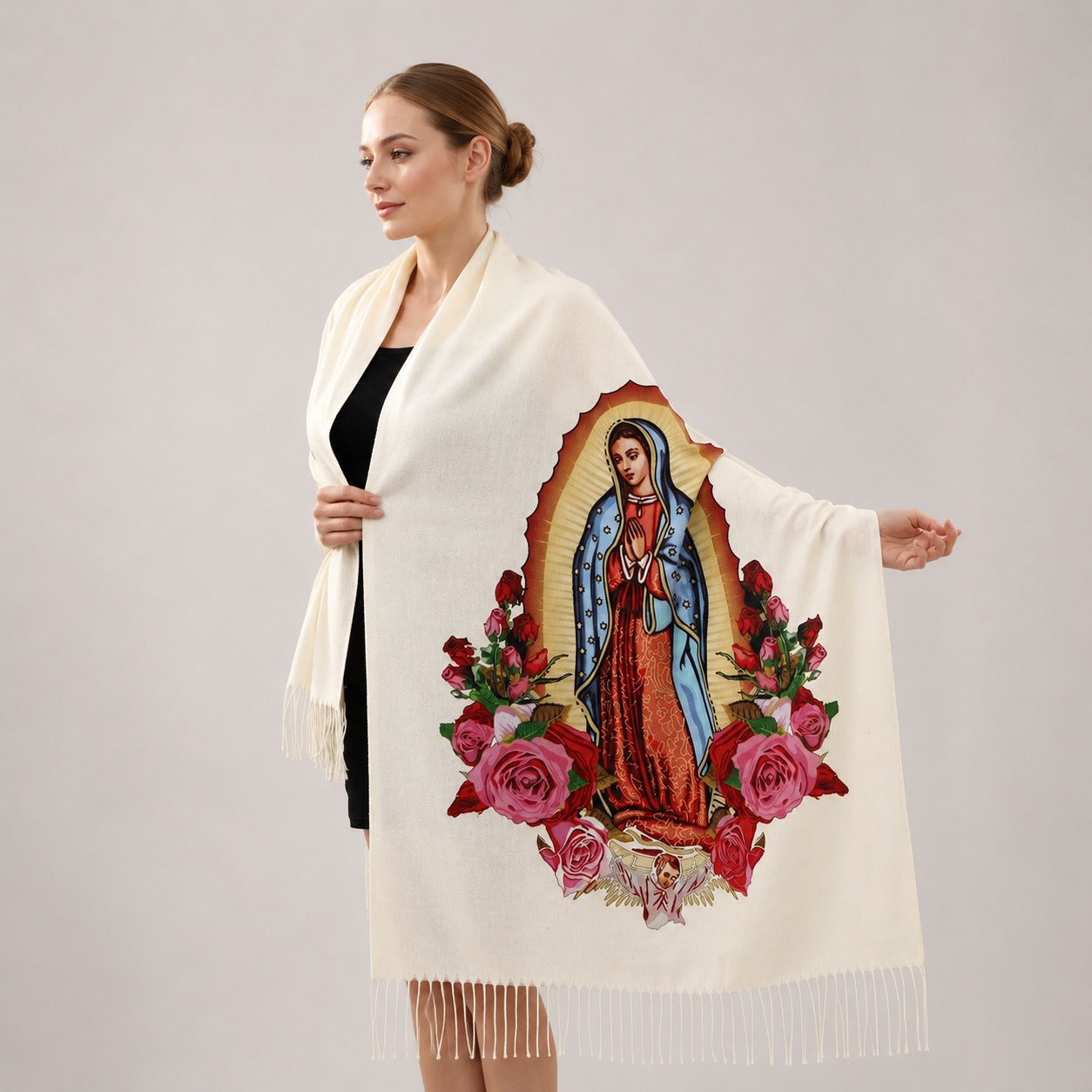 Cachecol Guadalupe™ em Cashmere com Acabamento Artesanal e Franjas Delicadas